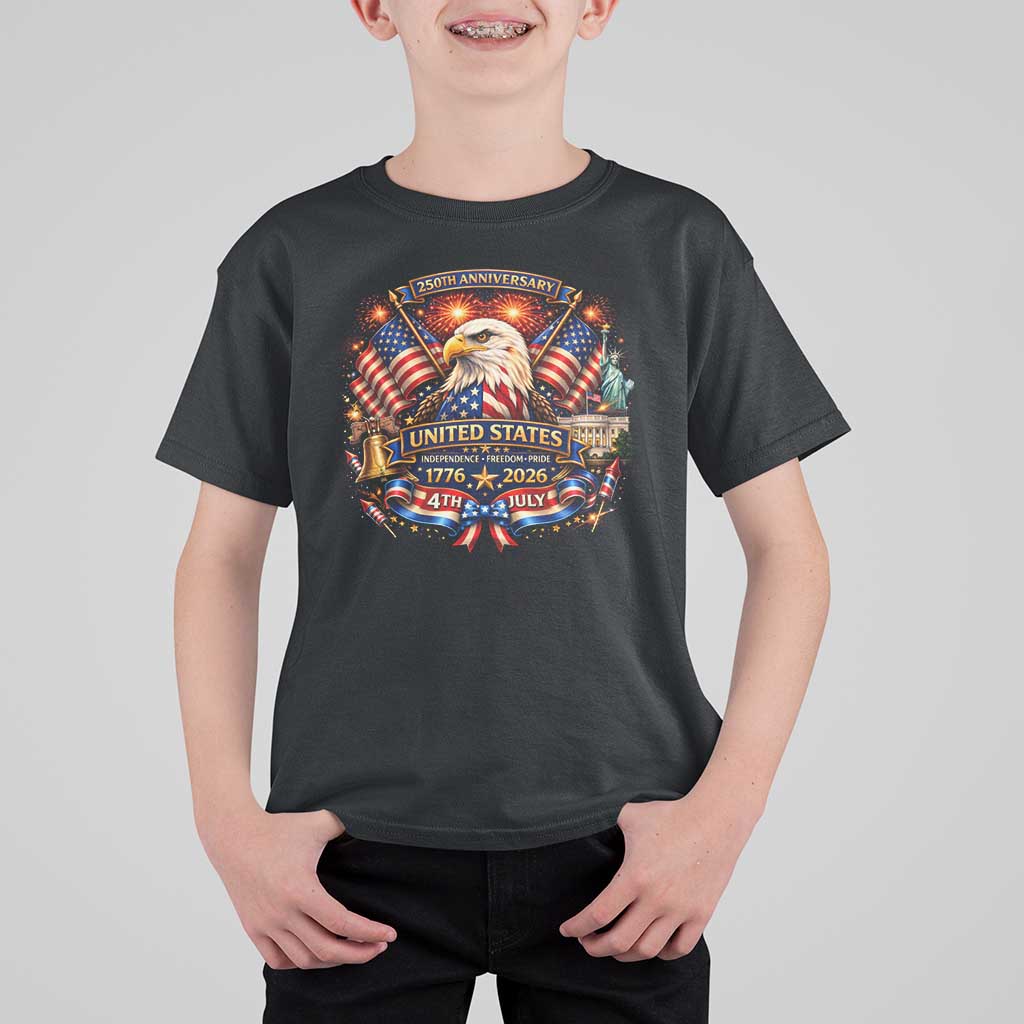 250 Years Of Freedom America T Shirt For Kid USA Independence 250th Anniversary 1776 2026 Patriotic Eagle Flag