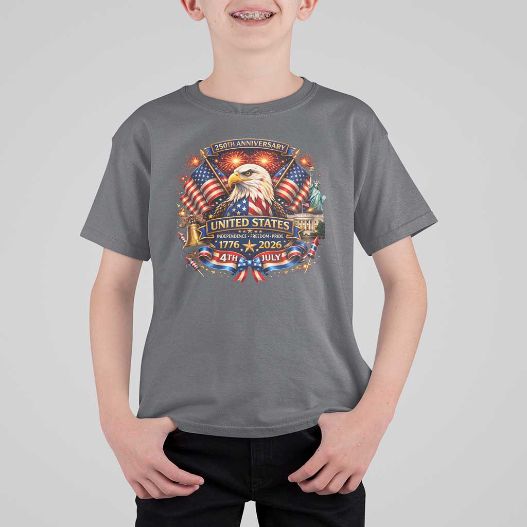250 Years Of Freedom America T Shirt For Kid USA Independence 250th Anniversary 1776 2026 Patriotic Eagle Flag