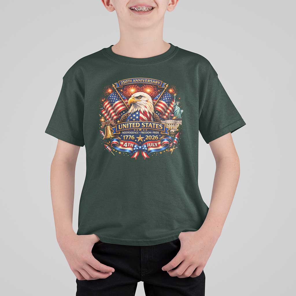250 Years Of Freedom America T Shirt For Kid USA Independence 250th Anniversary 1776 2026 Patriotic Eagle Flag