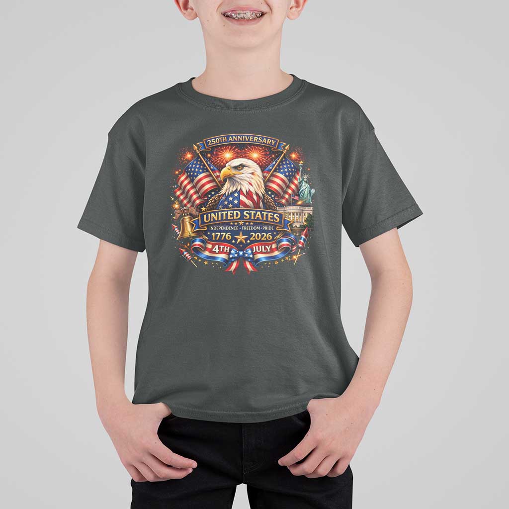 250 Years Of Freedom America T Shirt For Kid USA Independence 250th Anniversary 1776 2026 Patriotic Eagle Flag