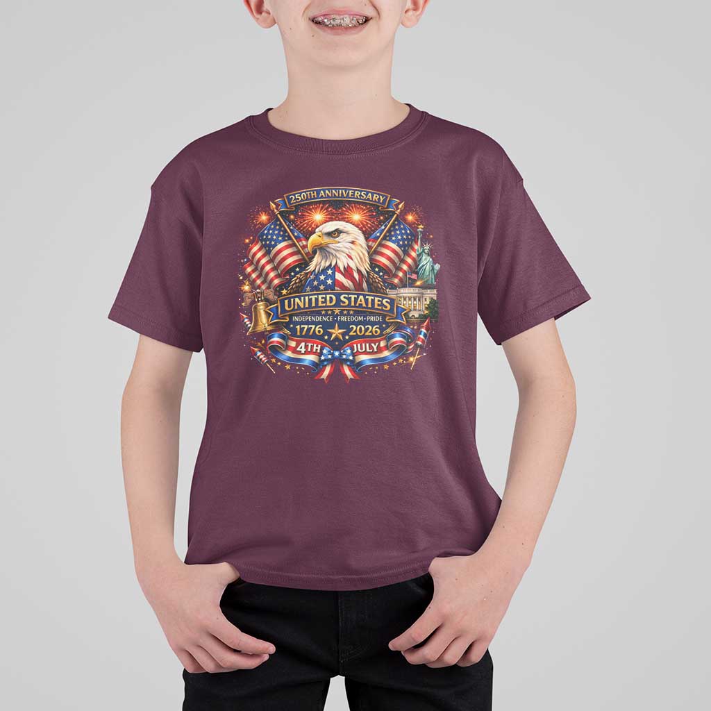 250 Years Of Freedom America T Shirt For Kid USA Independence 250th Anniversary 1776 2026 Patriotic Eagle Flag