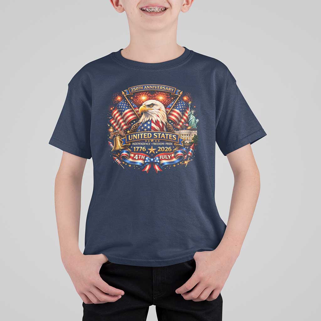 250 Years Of Freedom America T Shirt For Kid USA Independence 250th Anniversary 1776 2026 Patriotic Eagle Flag