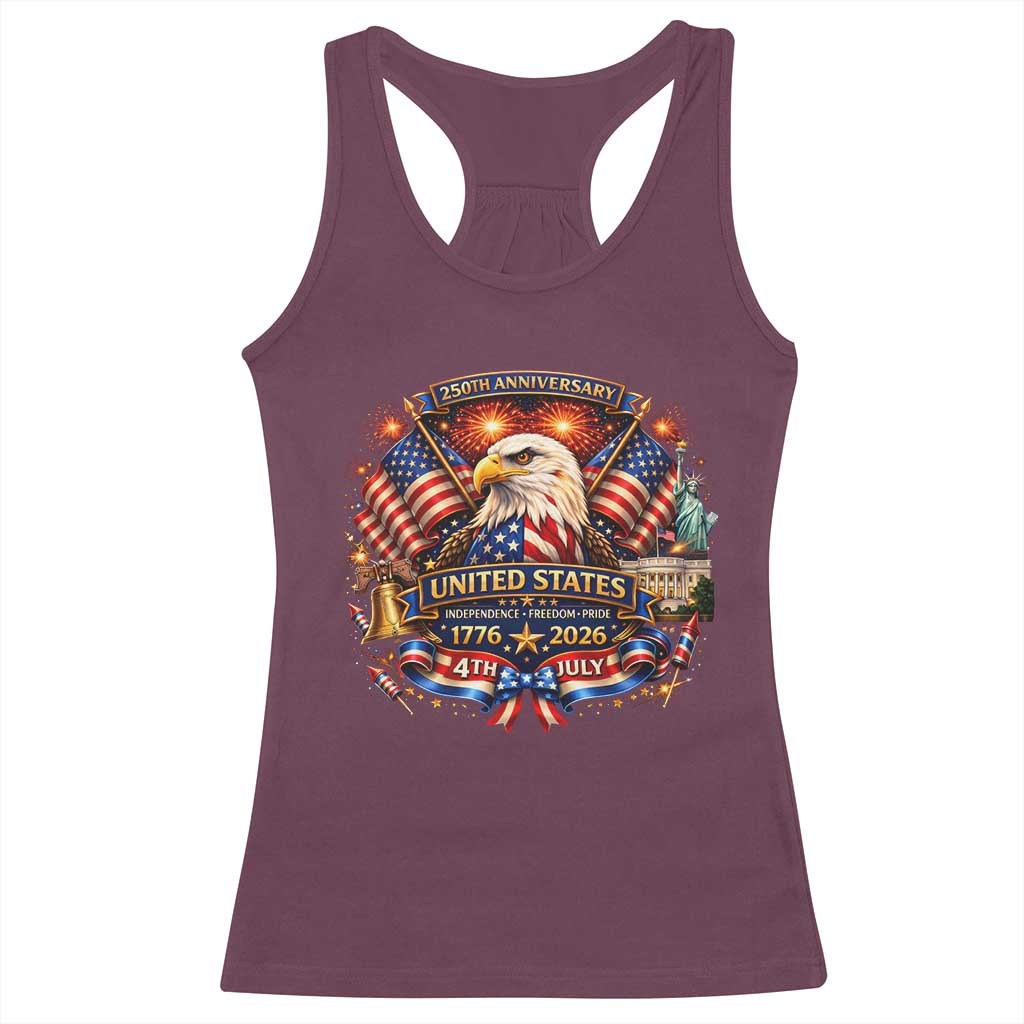 250 Years Of Freedom America Racerback Tank Top USA Independence 250th Anniversary 1776 2026 Patriotic Eagle Flag