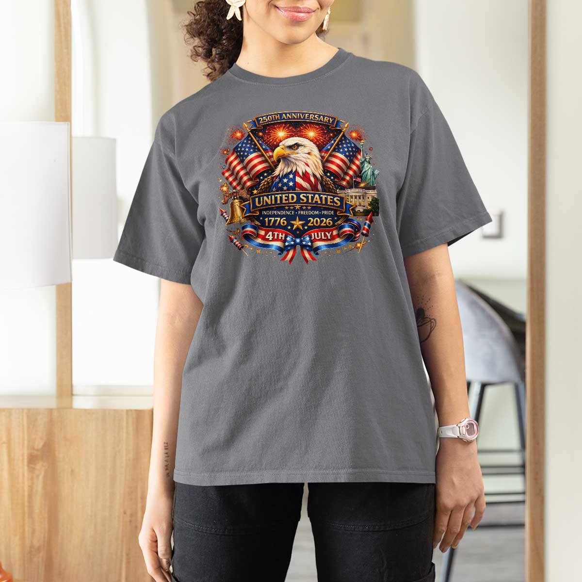 250 Years Of Freedom America T Shirt For Women USA Independence 250th Anniversary 1776 2026 Patriotic Eagle Flag