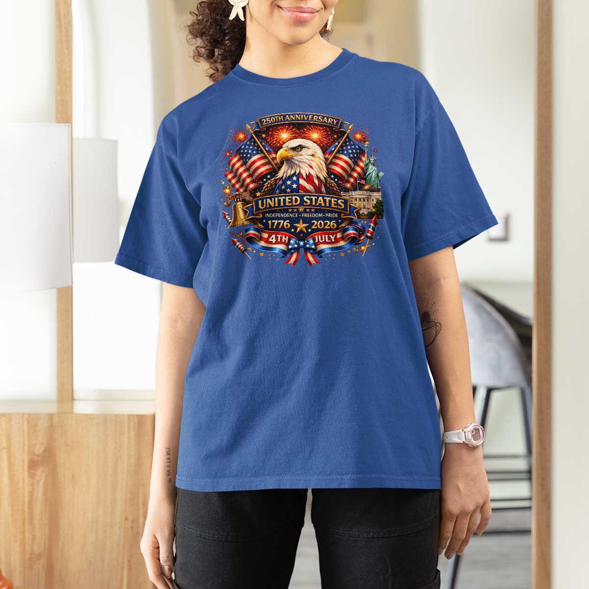 250 Years Of Freedom America T Shirt For Women USA Independence 250th Anniversary 1776 2026 Patriotic Eagle Flag