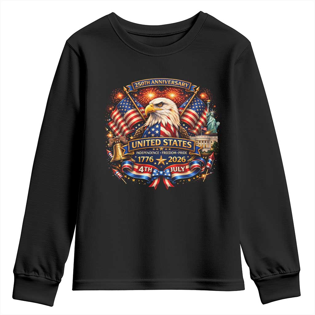 250 Years Of Freedom America Youth Sweatshirt USA Independence 250th Anniversary 1776 2026 Patriotic Eagle Flag