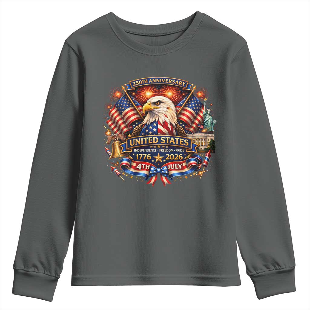 250 Years Of Freedom America Youth Sweatshirt USA Independence 250th Anniversary 1776 2026 Patriotic Eagle Flag