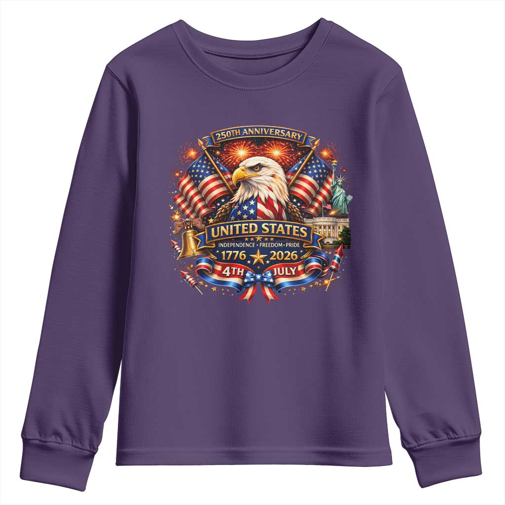 250 Years Of Freedom America Youth Sweatshirt USA Independence 250th Anniversary 1776 2026 Patriotic Eagle Flag
