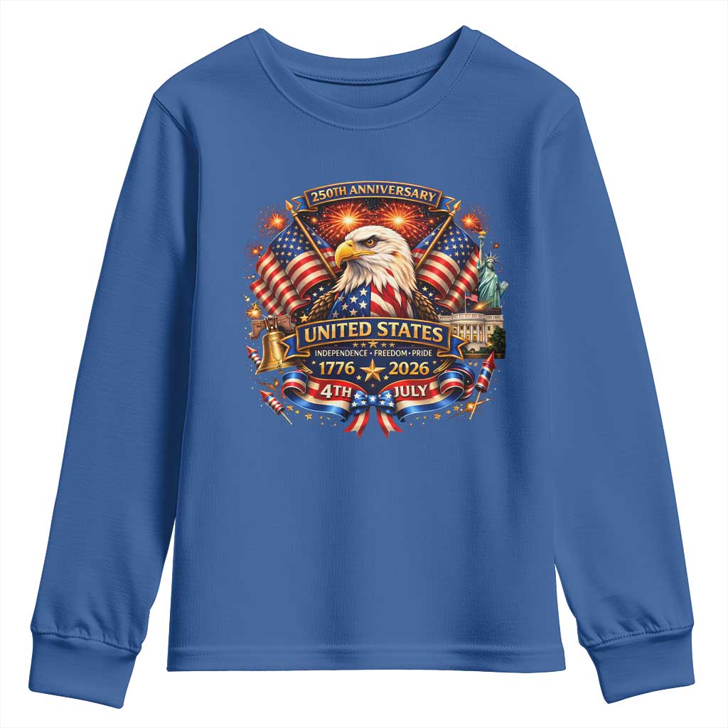 250 Years Of Freedom America Youth Sweatshirt USA Independence 250th Anniversary 1776 2026 Patriotic Eagle Flag