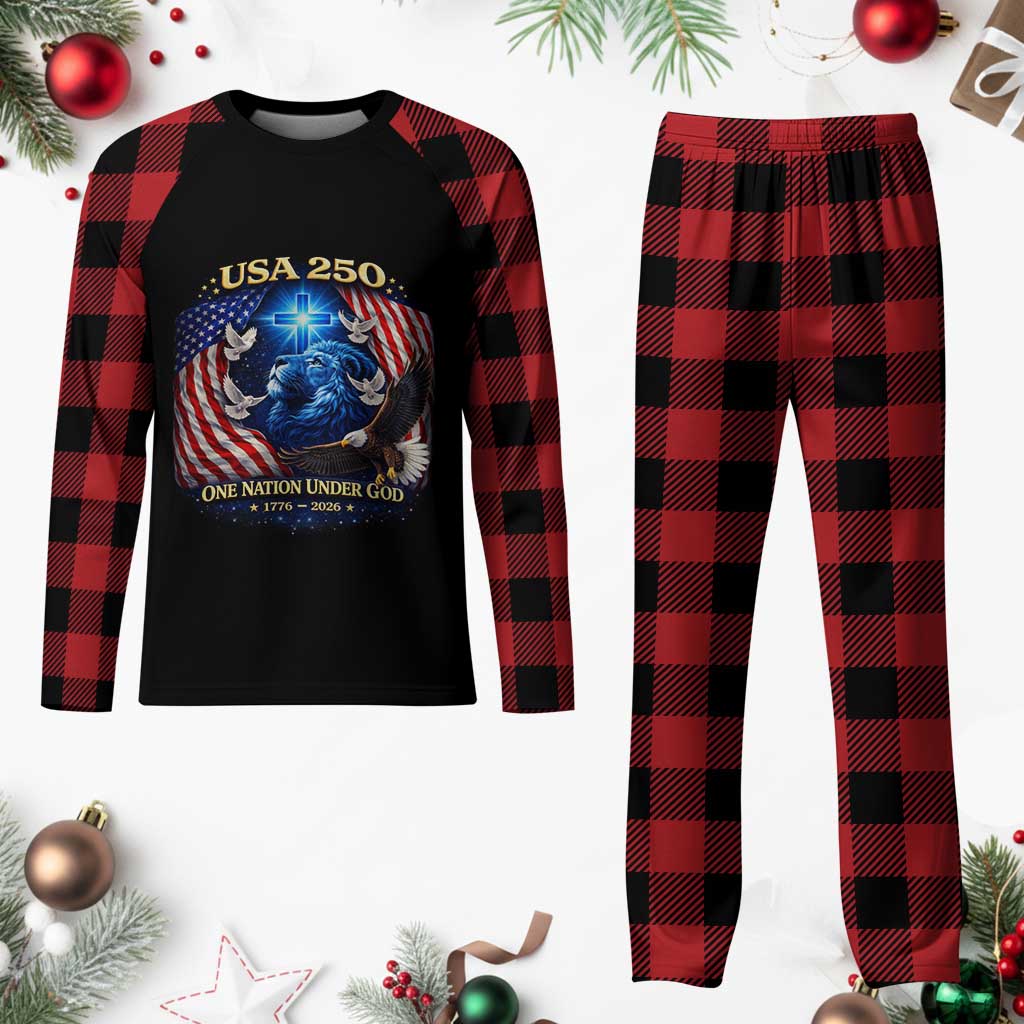 US 250th Anniversary Plaid Pajama Set 250 Years One Nation Under God Christian Patriotic Cross USA Flag