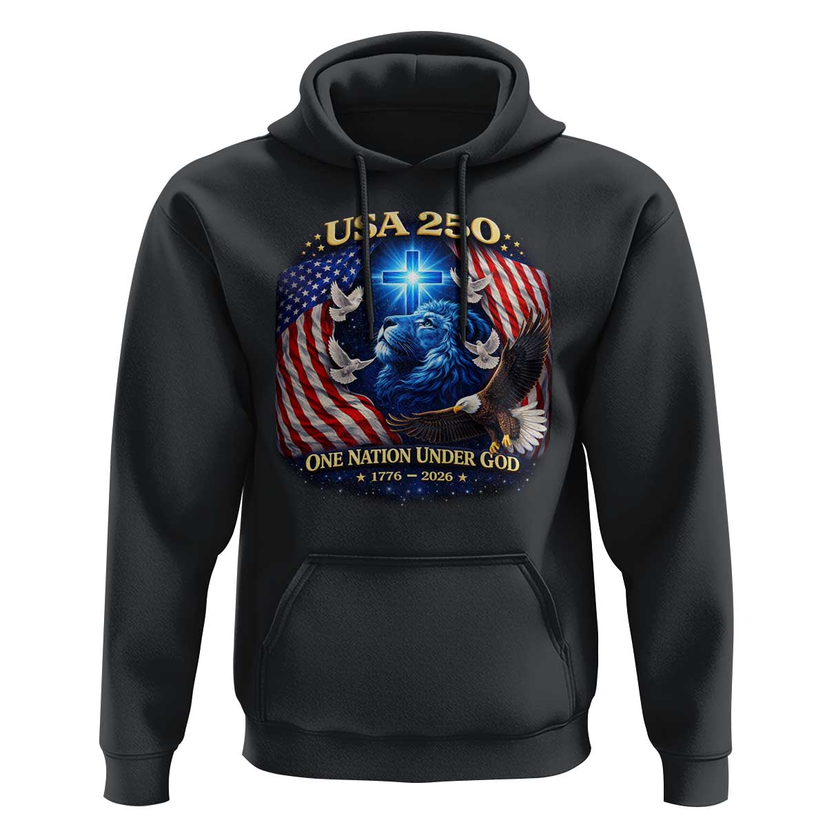 US 250th Anniversary Hoodie 250 Years One Nation Under God Christian Patriotic Cross USA Flag