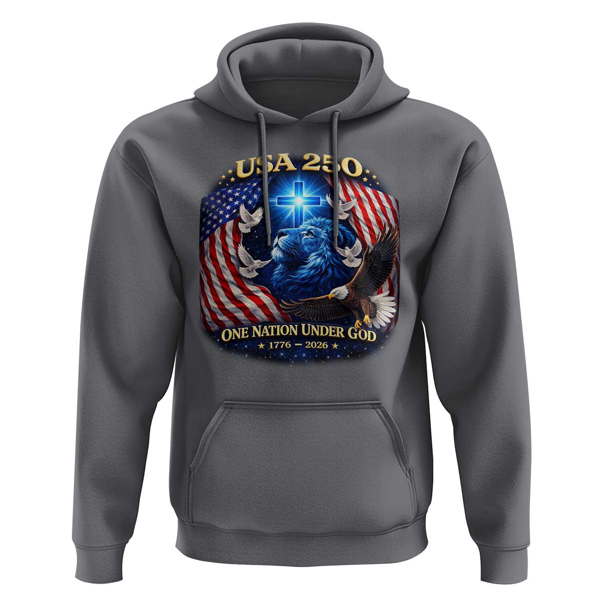 US 250th Anniversary Hoodie 250 Years One Nation Under God Christian Patriotic Cross USA Flag