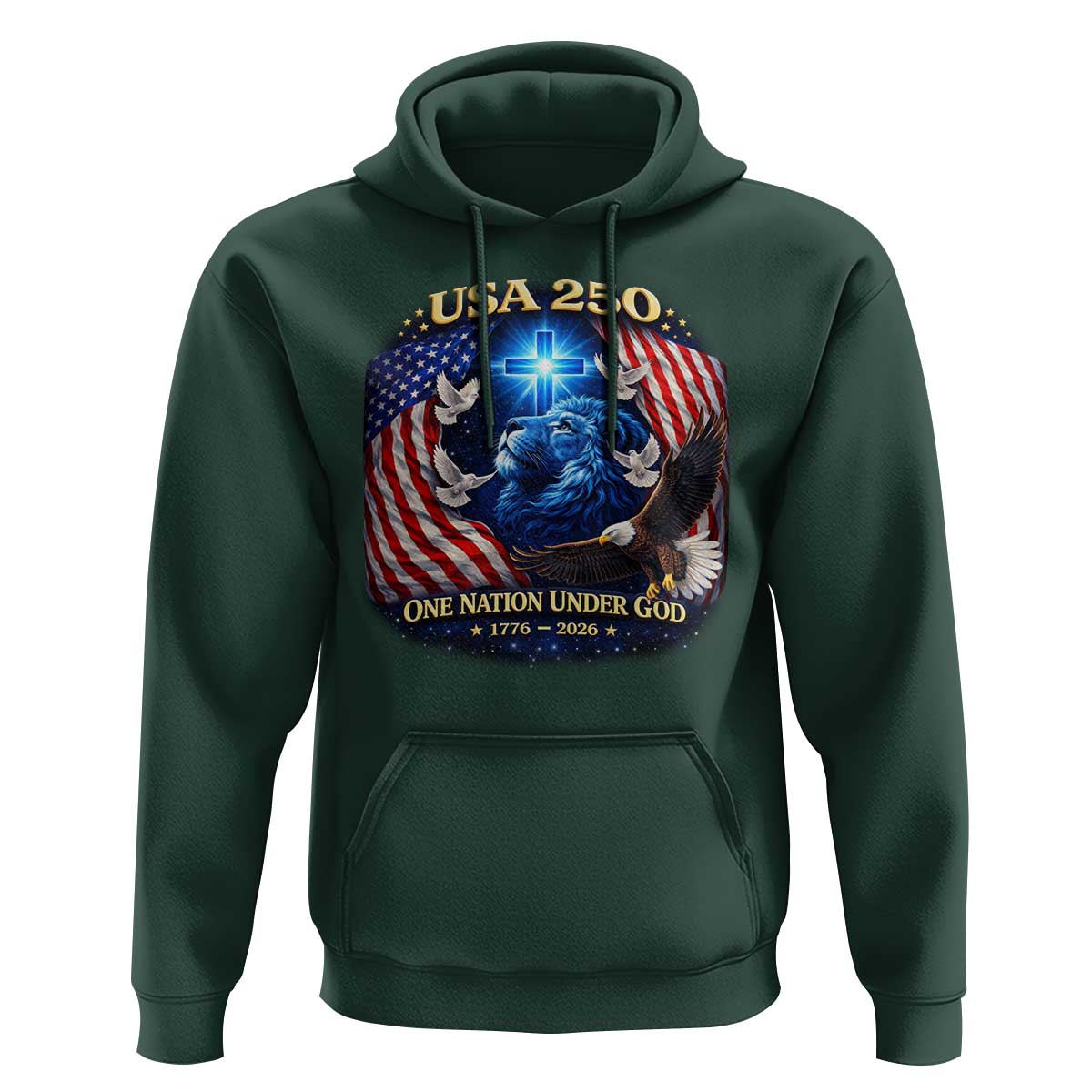 US 250th Anniversary Hoodie 250 Years One Nation Under God Christian Patriotic Cross USA Flag