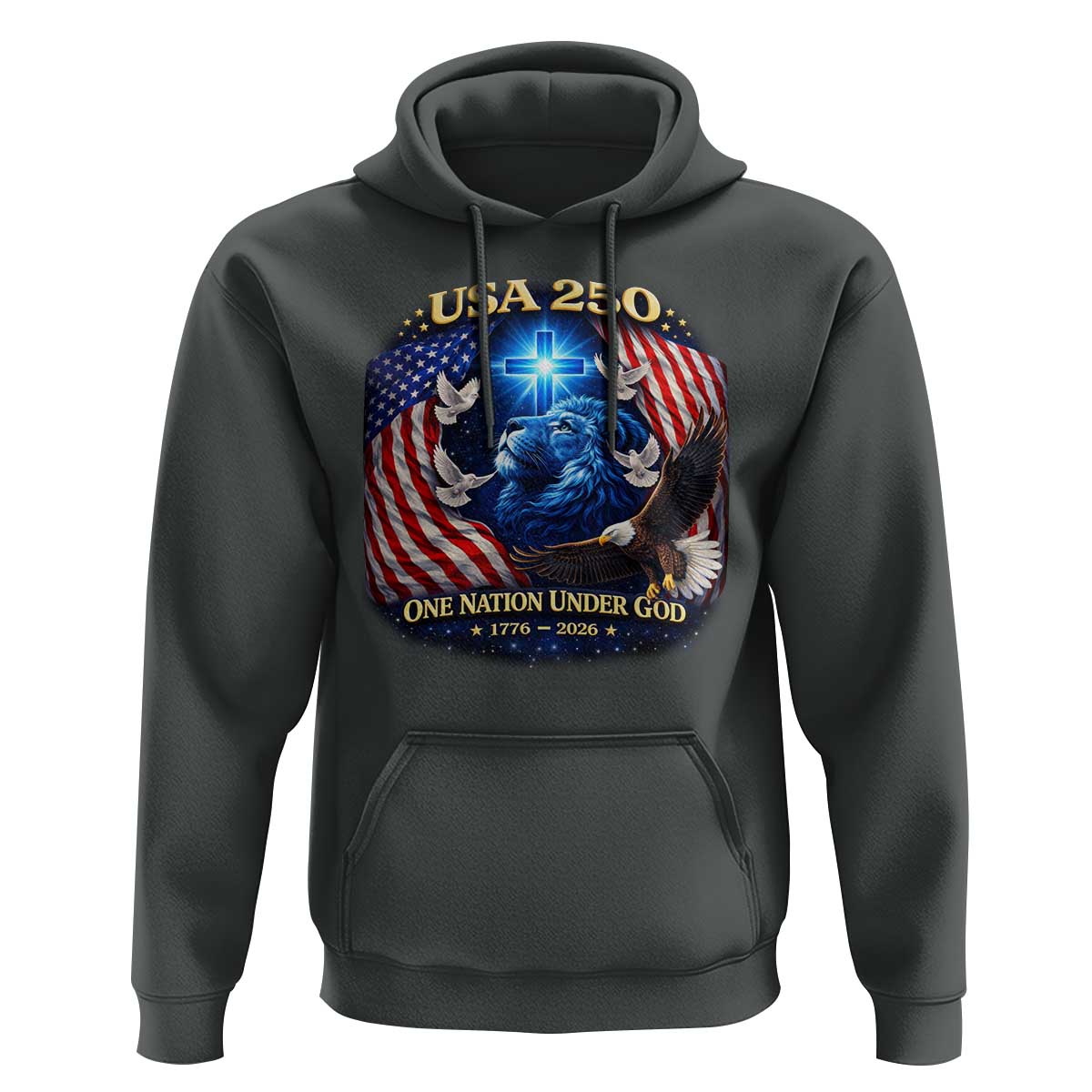 US 250th Anniversary Hoodie 250 Years One Nation Under God Christian Patriotic Cross USA Flag