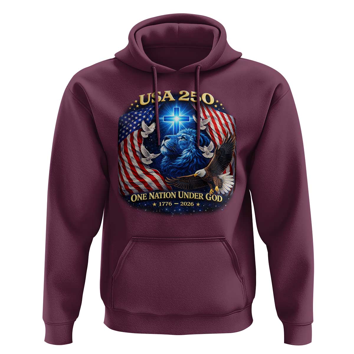 US 250th Anniversary Hoodie 250 Years One Nation Under God Christian Patriotic Cross USA Flag