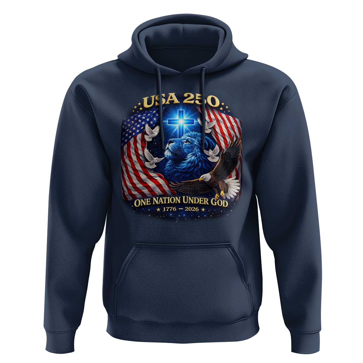 US 250th Anniversary Hoodie 250 Years One Nation Under God Christian Patriotic Cross USA Flag