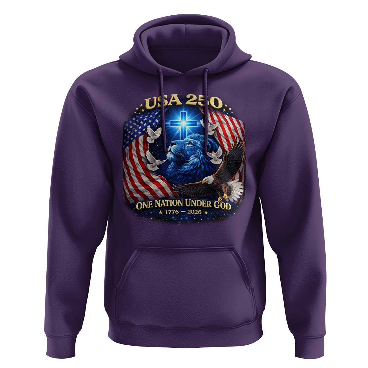 US 250th Anniversary Hoodie 250 Years One Nation Under God Christian Patriotic Cross USA Flag