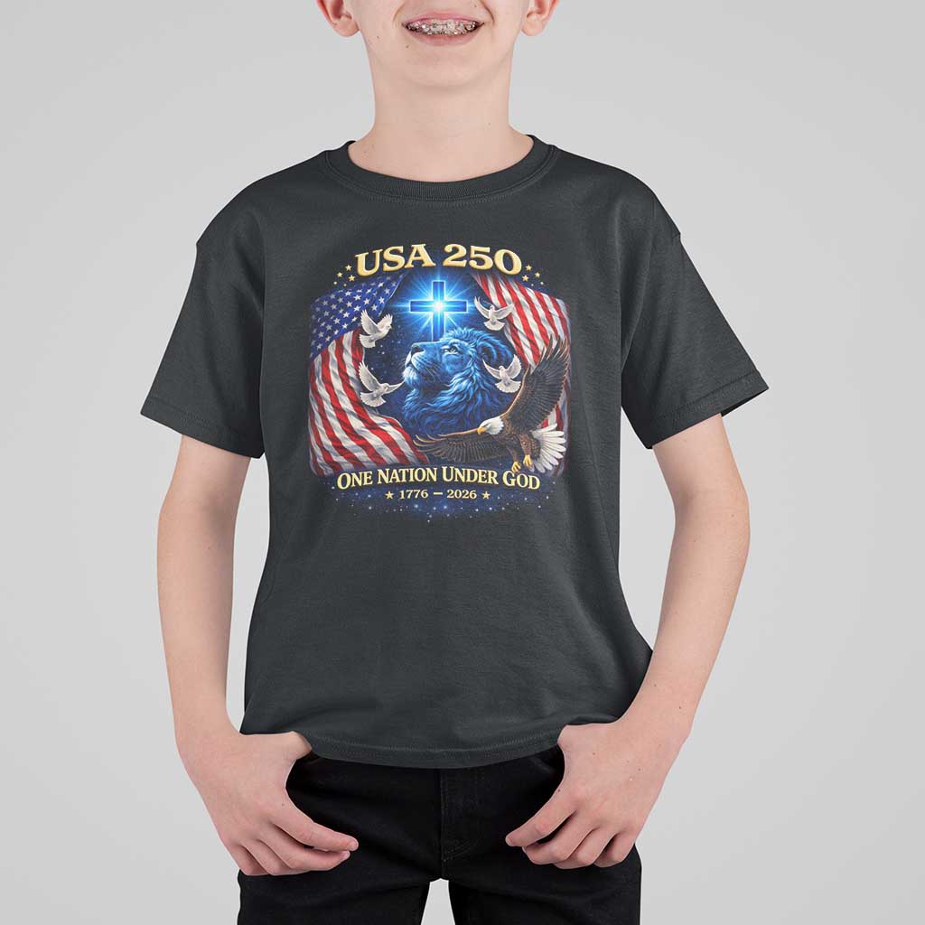 US 250th Anniversary T Shirt For Kid 250 Years One Nation Under God Christian Patriotic Cross USA Flag