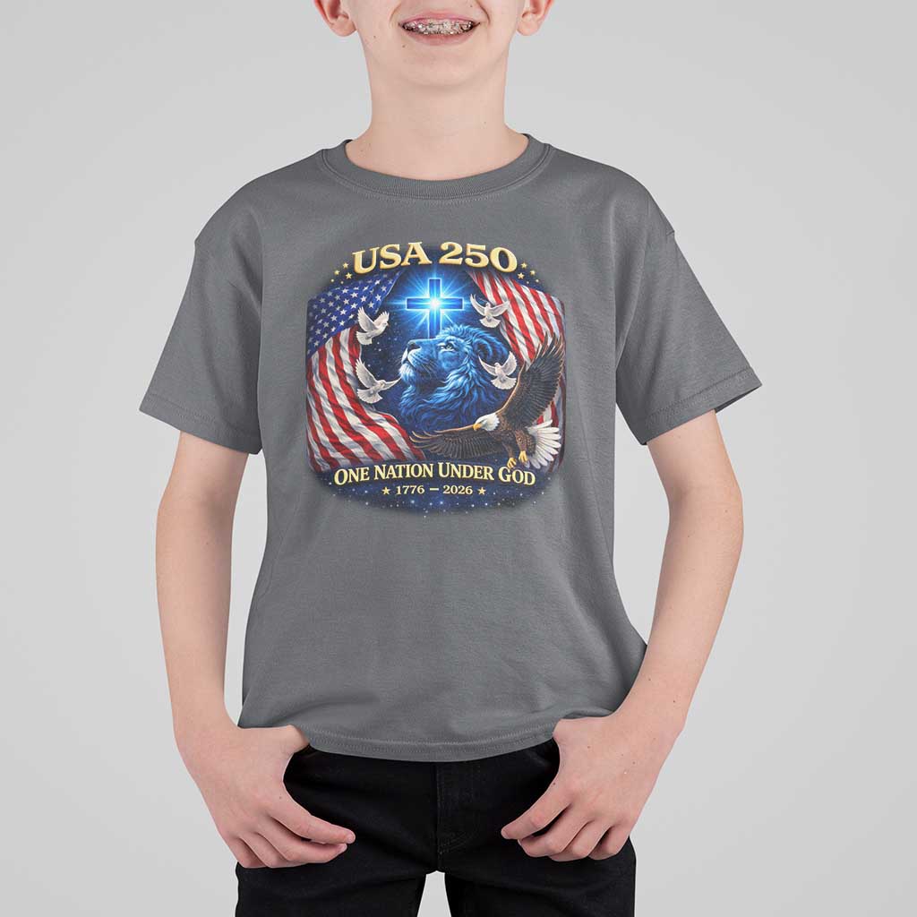 US 250th Anniversary T Shirt For Kid 250 Years One Nation Under God Christian Patriotic Cross USA Flag