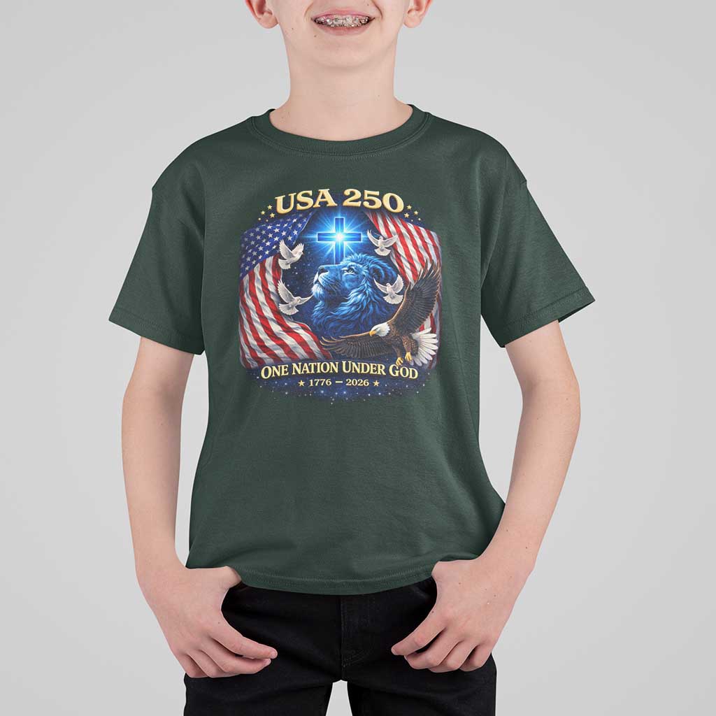 US 250th Anniversary T Shirt For Kid 250 Years One Nation Under God Christian Patriotic Cross USA Flag