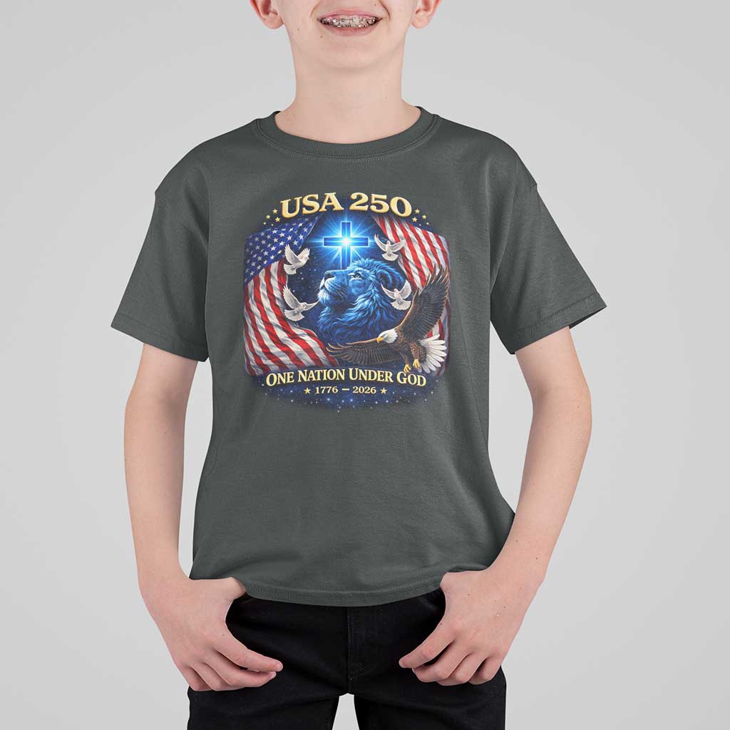 US 250th Anniversary T Shirt For Kid 250 Years One Nation Under God Christian Patriotic Cross USA Flag