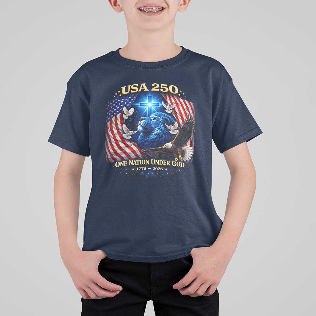 US 250th Anniversary T Shirt For Kid 250 Years One Nation Under God Christian Patriotic Cross USA Flag