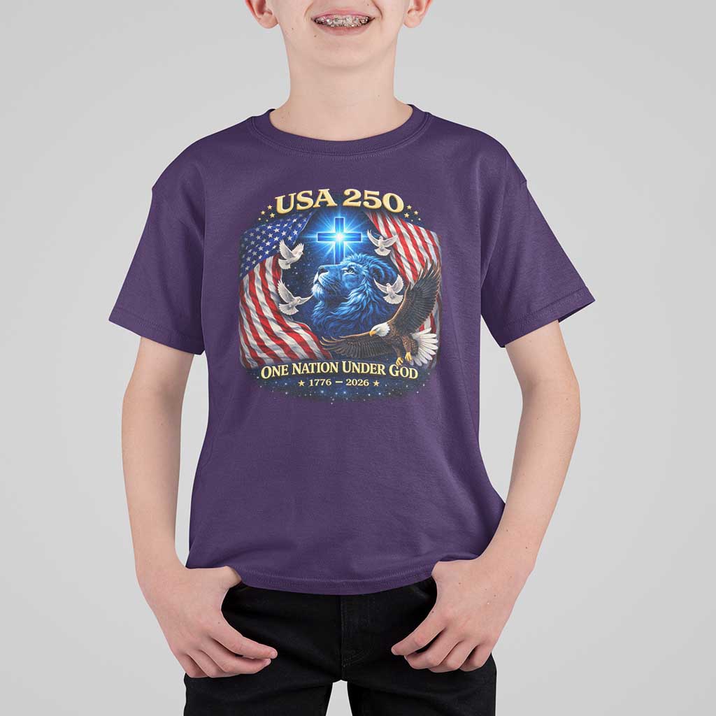 US 250th Anniversary T Shirt For Kid 250 Years One Nation Under God Christian Patriotic Cross USA Flag