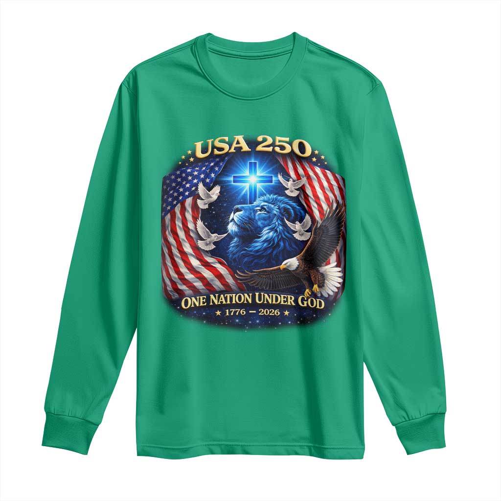 US 250th Anniversary Long Sleeve Shirt 250 Years One Nation Under God Christian Patriotic Cross USA Flag
