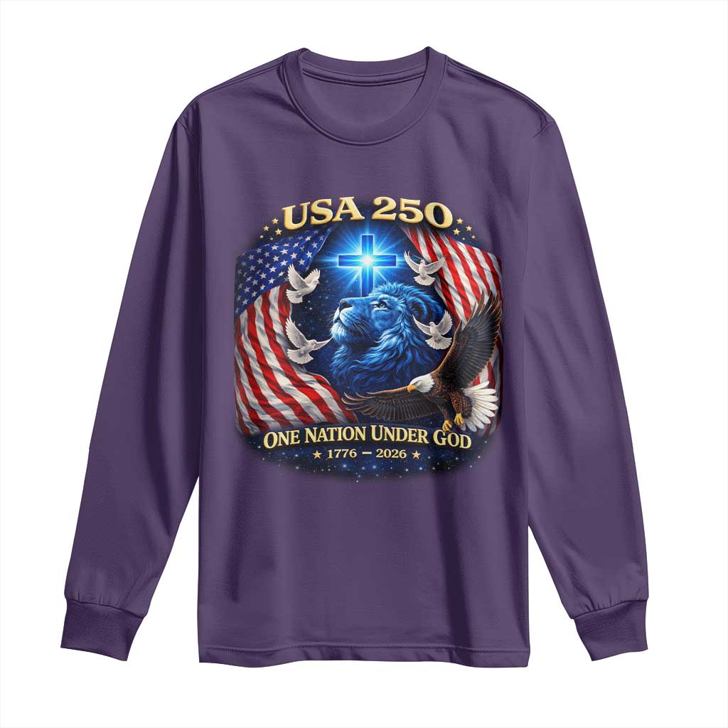 US 250th Anniversary Long Sleeve Shirt 250 Years One Nation Under God Christian Patriotic Cross USA Flag