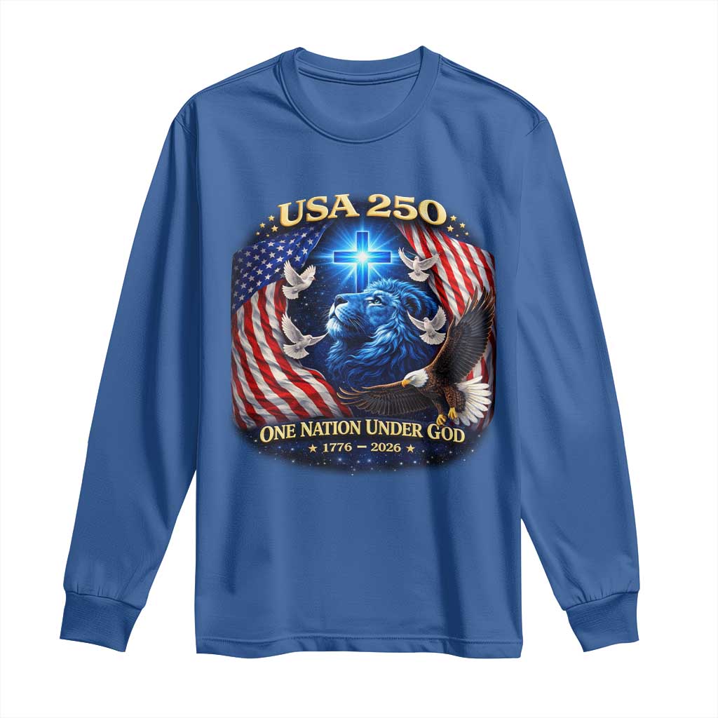 US 250th Anniversary Long Sleeve Shirt 250 Years One Nation Under God Christian Patriotic Cross USA Flag