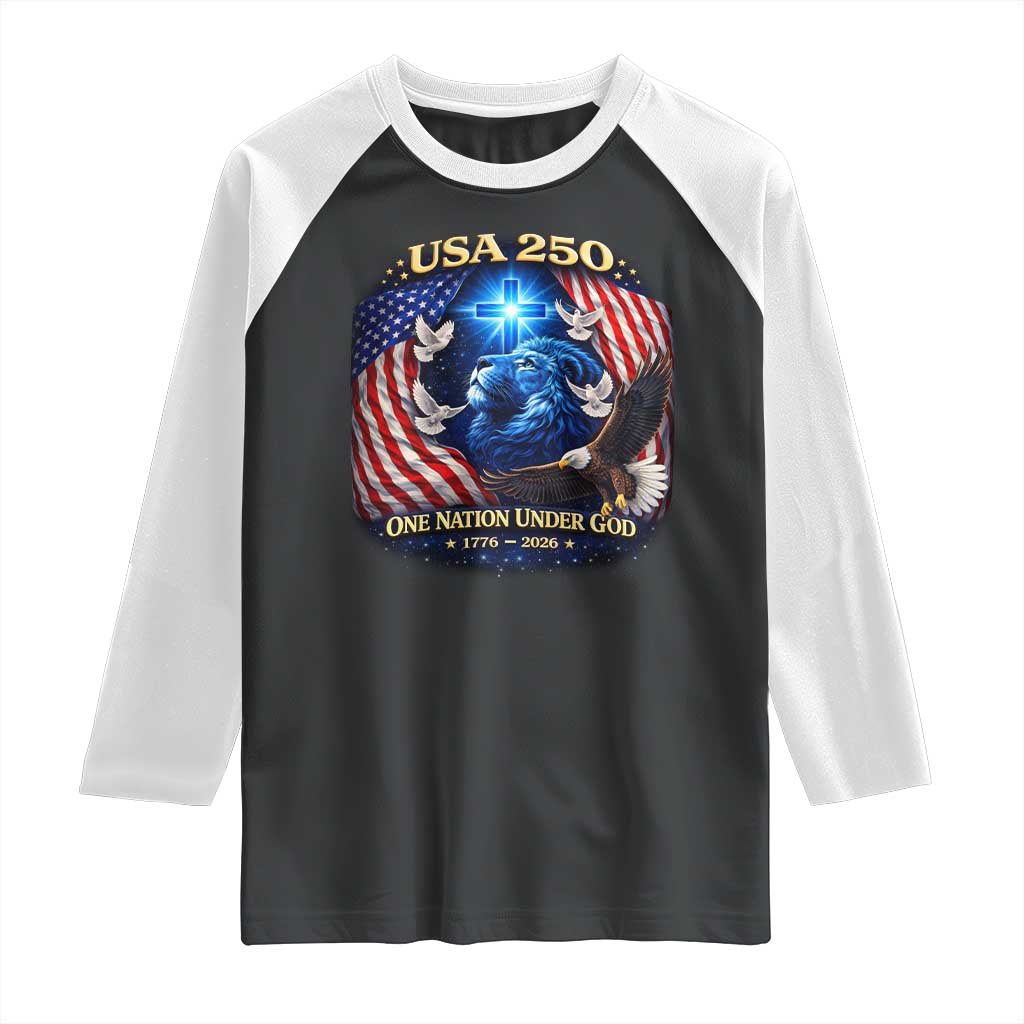US 250th Anniversary Raglan Shirt 250 Years One Nation Under God Christian Patriotic Cross USA Flag