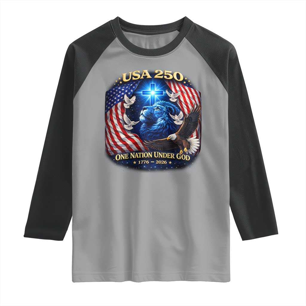 US 250th Anniversary Raglan Shirt 250 Years One Nation Under God Christian Patriotic Cross USA Flag