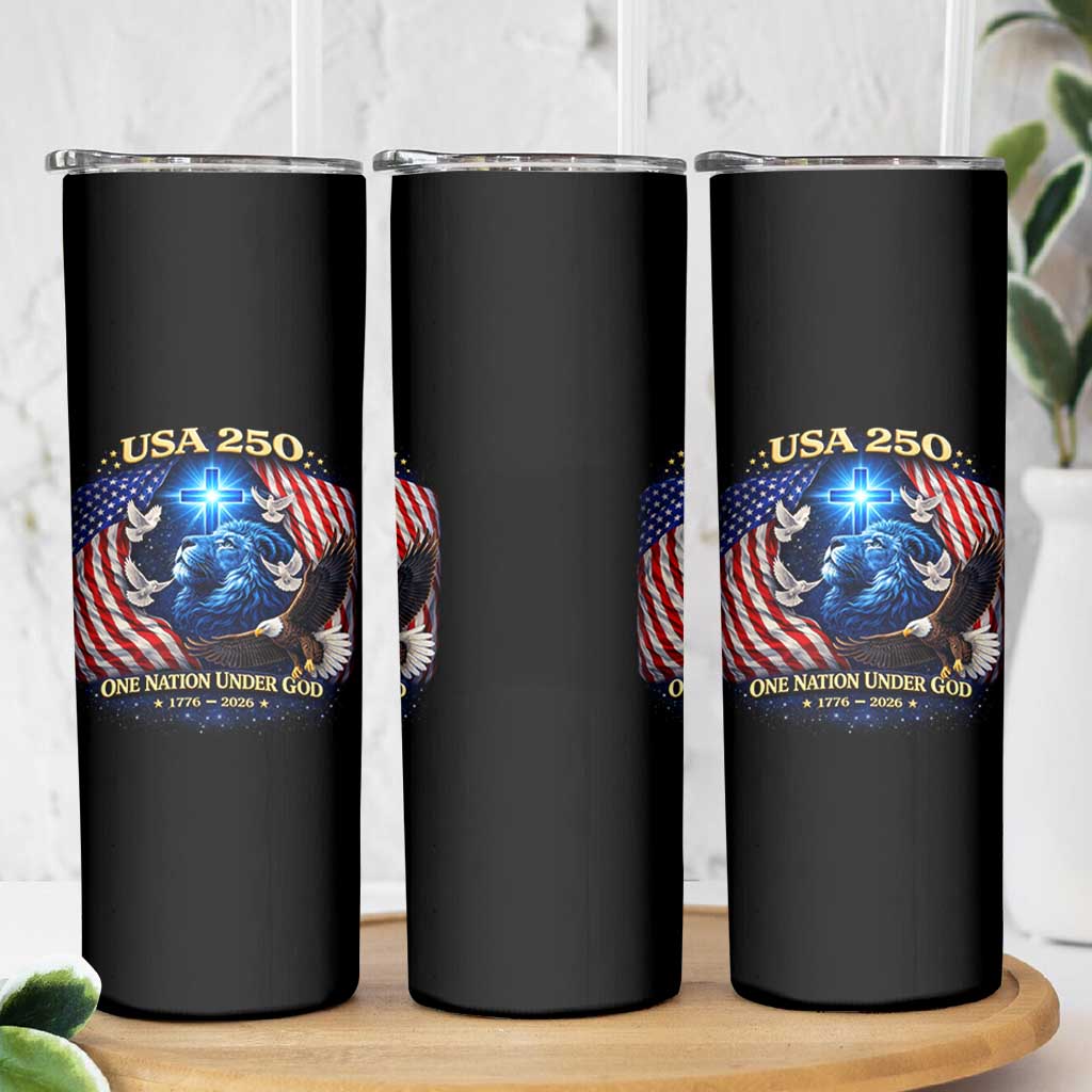 US 250th Anniversary Skinny Tumbler 250 Years One Nation Under God Christian Patriotic Cross USA Flag