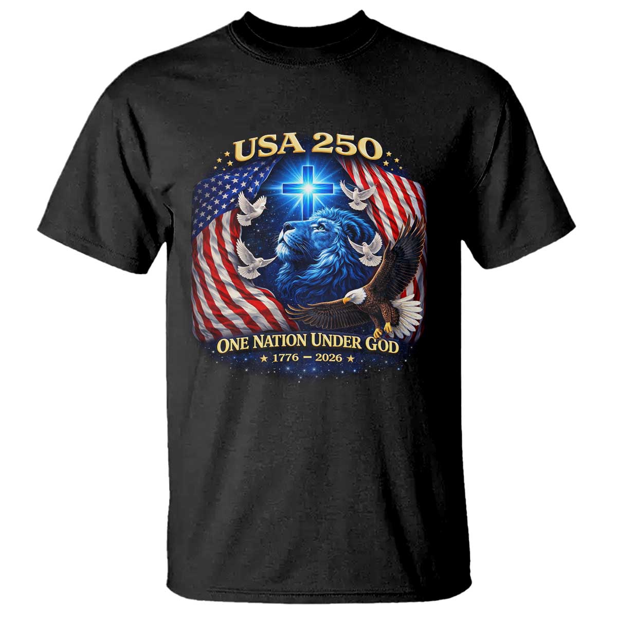 US 250th Anniversary T Shirt 250 Years One Nation Under God Christian Patriotic Cross USA Flag