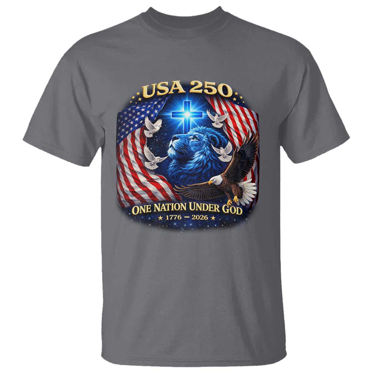 US 250th Anniversary T Shirt 250 Years One Nation Under God Christian Patriotic Cross USA Flag