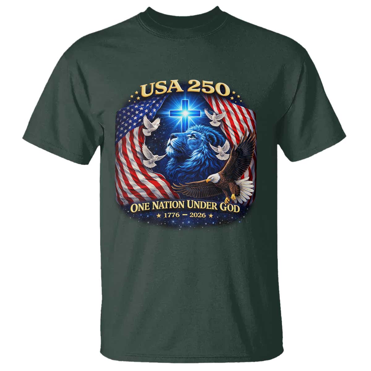 US 250th Anniversary T Shirt 250 Years One Nation Under God Christian Patriotic Cross USA Flag