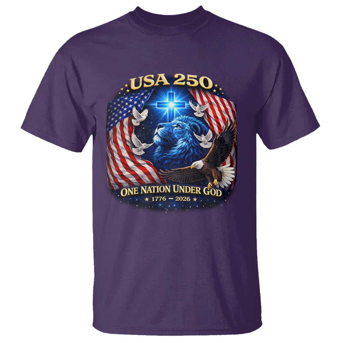 US 250th Anniversary T Shirt 250 Years One Nation Under God Christian Patriotic Cross USA Flag