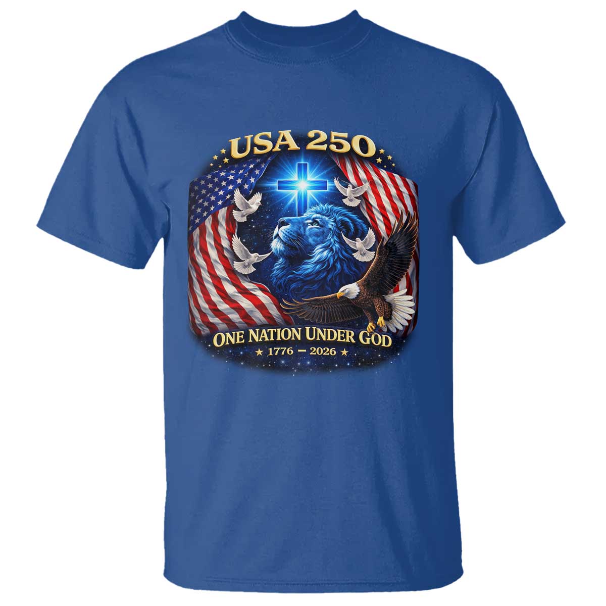 US 250th Anniversary T Shirt 250 Years One Nation Under God Christian Patriotic Cross USA Flag