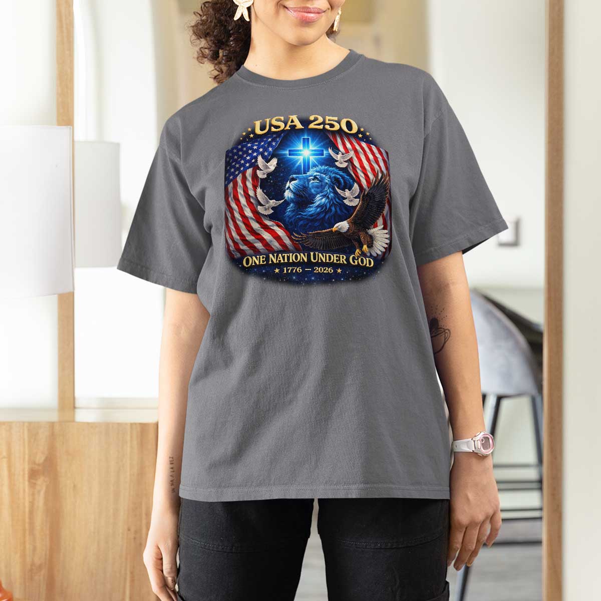 US 250th Anniversary T Shirt For Women 250 Years One Nation Under God Christian Patriotic Cross USA Flag