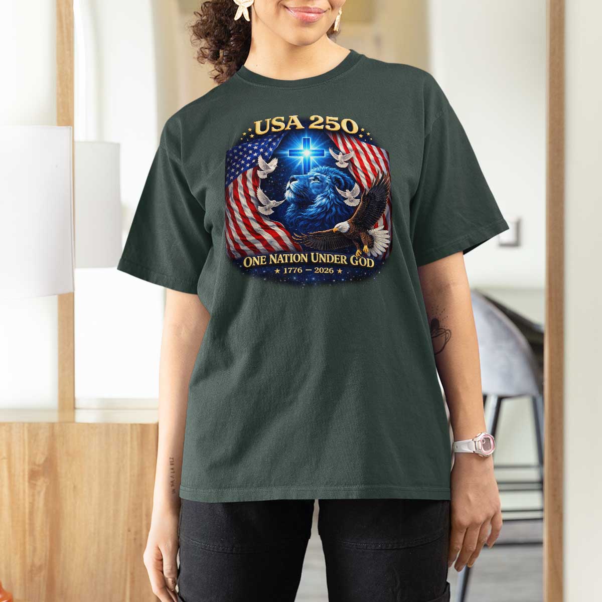 US 250th Anniversary T Shirt For Women 250 Years One Nation Under God Christian Patriotic Cross USA Flag
