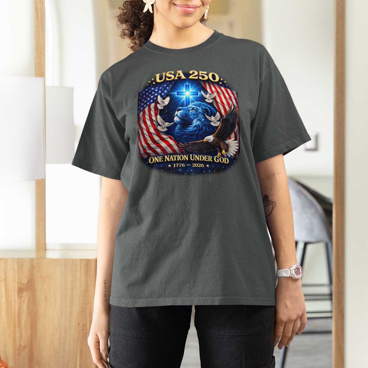 US 250th Anniversary T Shirt For Women 250 Years One Nation Under God Christian Patriotic Cross USA Flag