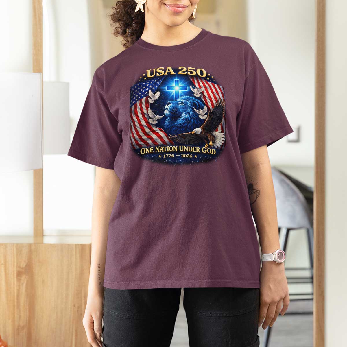 US 250th Anniversary T Shirt For Women 250 Years One Nation Under God Christian Patriotic Cross USA Flag