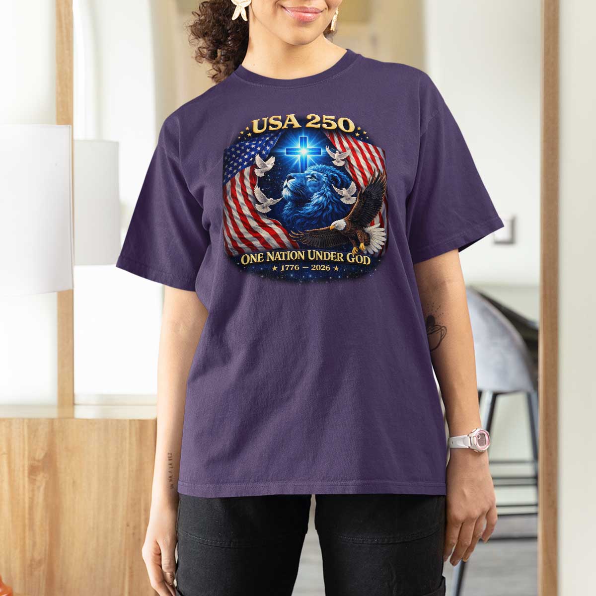 US 250th Anniversary T Shirt For Women 250 Years One Nation Under God Christian Patriotic Cross USA Flag
