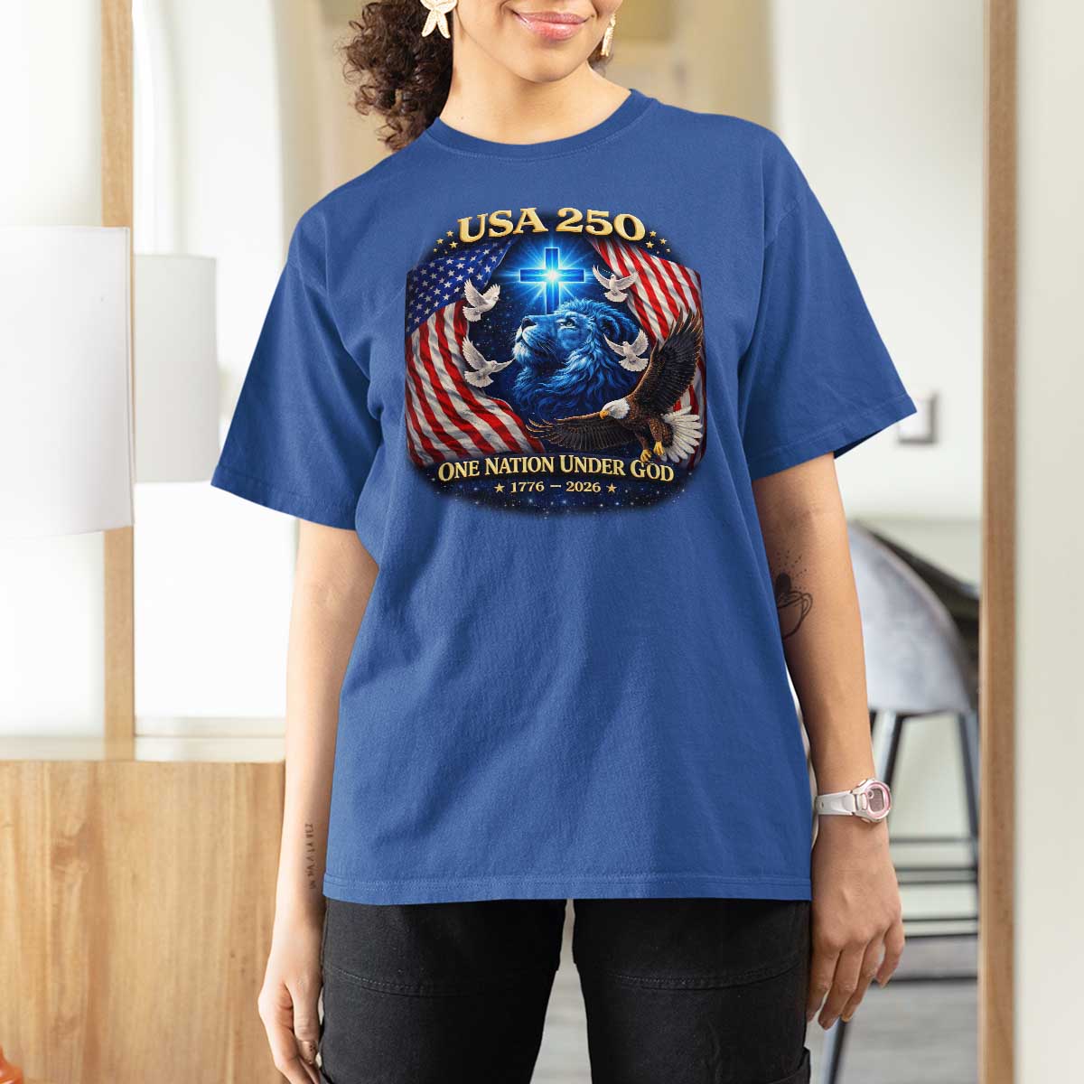US 250th Anniversary T Shirt For Women 250 Years One Nation Under God Christian Patriotic Cross USA Flag