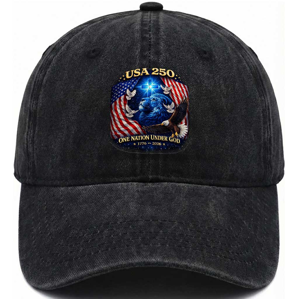 US 250th Anniversary Washed Cotton Baseball Cap 250 Years One Nation Under God Christian Patriotic Cross USA Flag