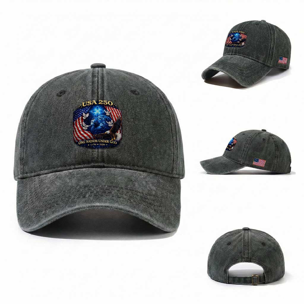 US 250th Anniversary Washed Cotton Baseball Cap 250 Years One Nation Under God Christian Patriotic Cross USA Flag