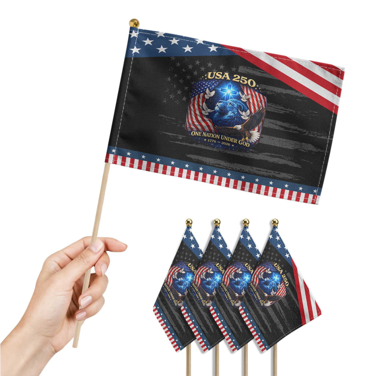 US 250th Anniversary Patriotic Handheld Flag 250 Years One Nation Under God Christian Cross USA Flag