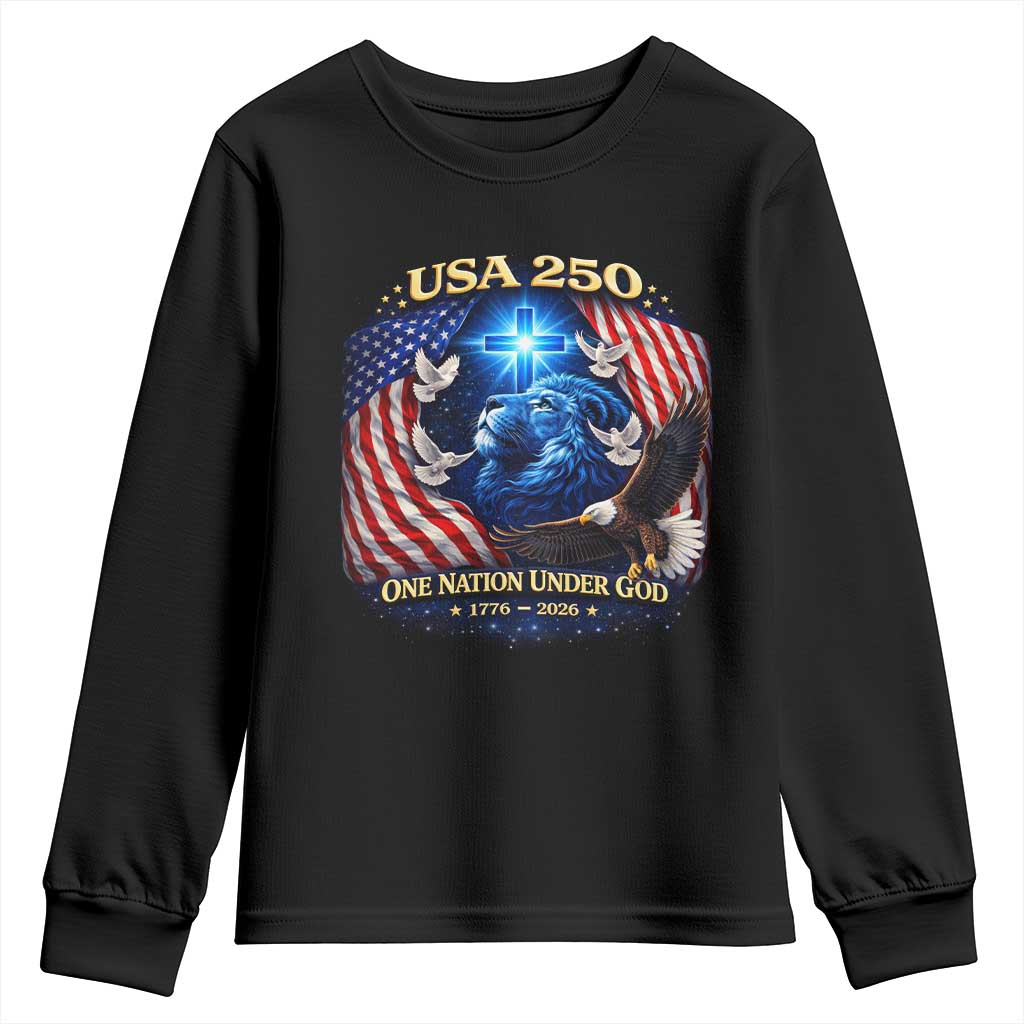 US 250th Anniversary Youth Sweatshirt 250 Years One Nation Under God Christian Patriotic Cross USA Flag