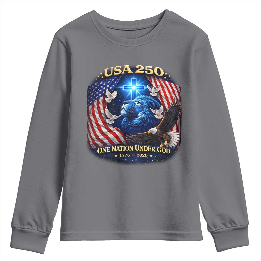 US 250th Anniversary Youth Sweatshirt 250 Years One Nation Under God Christian Patriotic Cross USA Flag