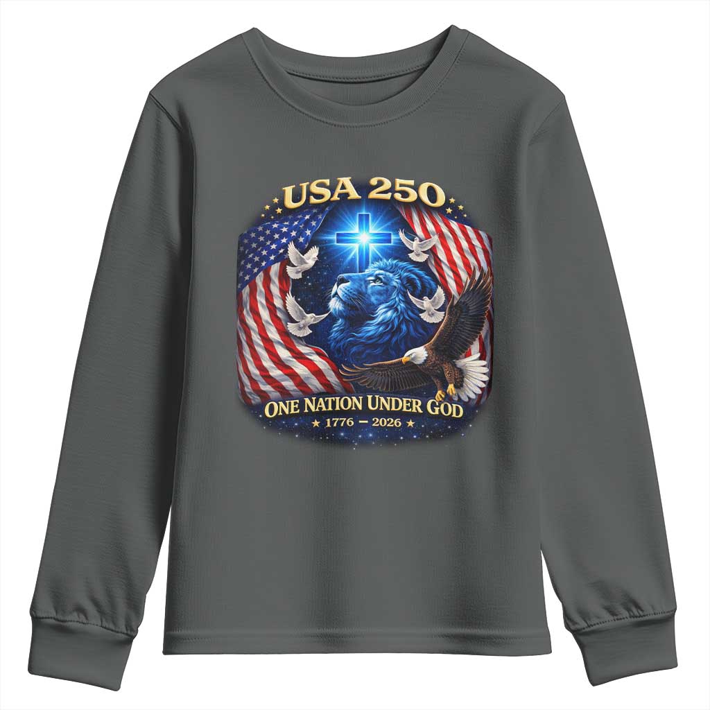 US 250th Anniversary Youth Sweatshirt 250 Years One Nation Under God Christian Patriotic Cross USA Flag